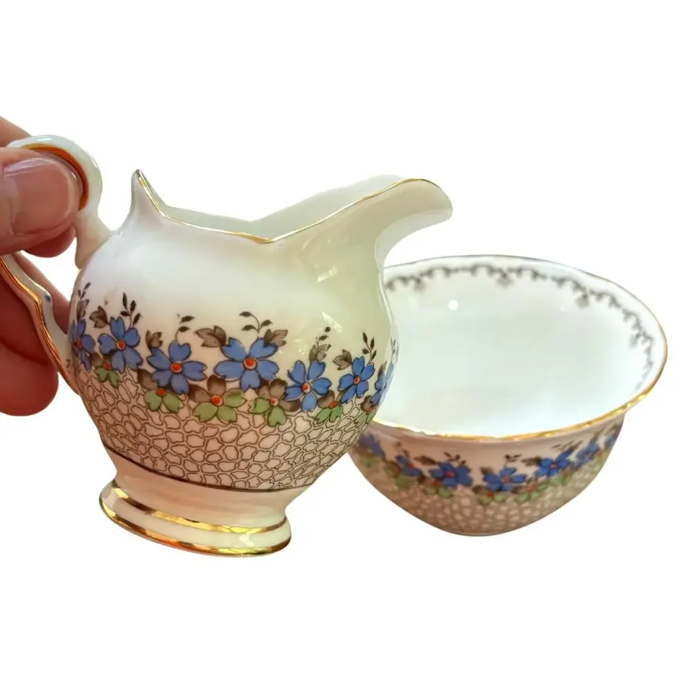 Vintage Tuscan bone china creamer & sugar bowl set blue green floral gold trim